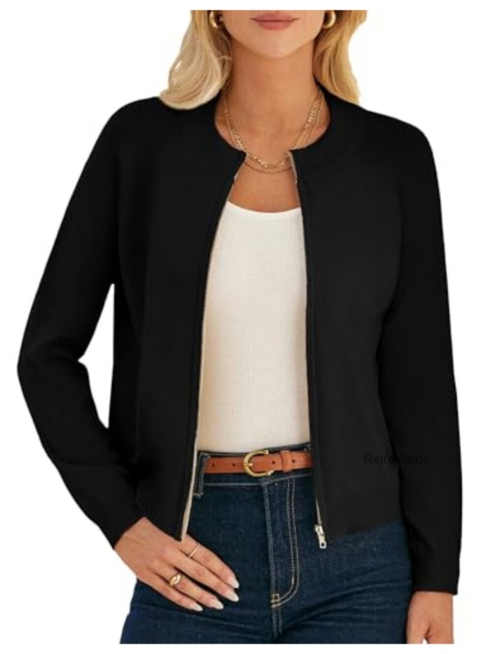Lightweight Zip Up Knit Cardigan Sweater Jacket Relaxed Fit Ribbed Cuffs Women